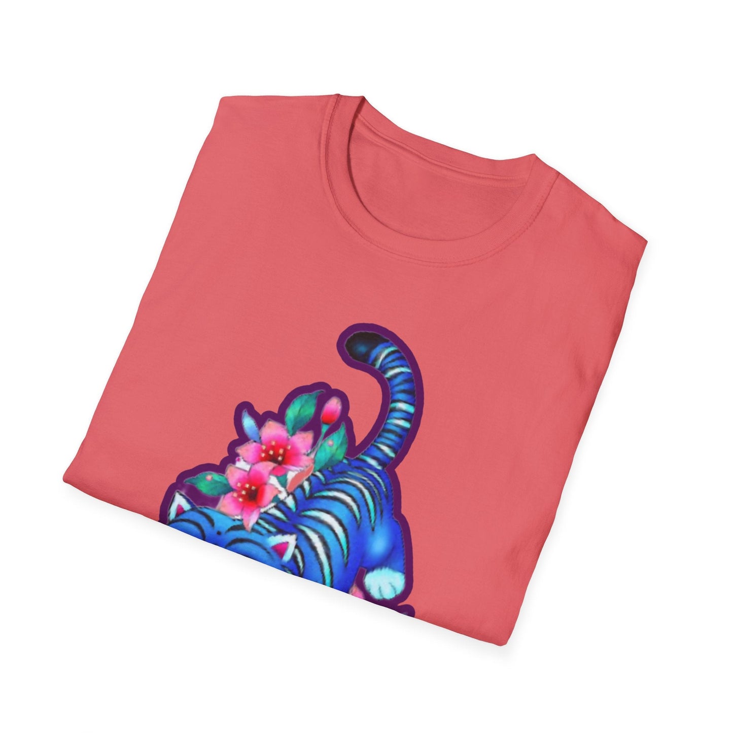 Charming Blue Floral Cat idol tigerT-Shirt, Cute Cat Tee, Animal Lover Gift, Summer Fashion, Gift for Cat Lovers, Fun Graphic Tee