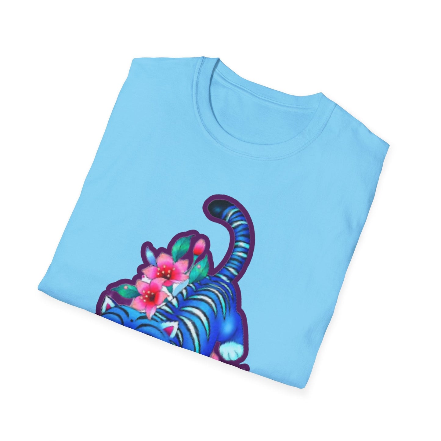 Charming Blue Floral Cat idol tigerT-Shirt, Cute Cat Tee, Animal Lover Gift, Summer Fashion, Gift for Cat Lovers, Fun Graphic Tee