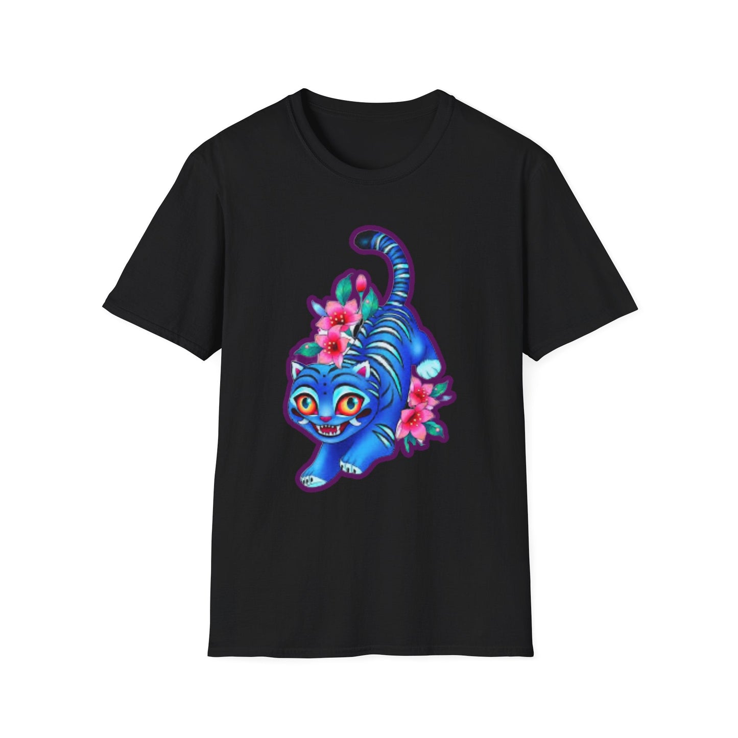 Charming Blue Floral Cat idol tigerT-Shirt, Cute Cat Tee, Animal Lover Gift, Summer Fashion, Gift for Cat Lovers, Fun Graphic Tee
