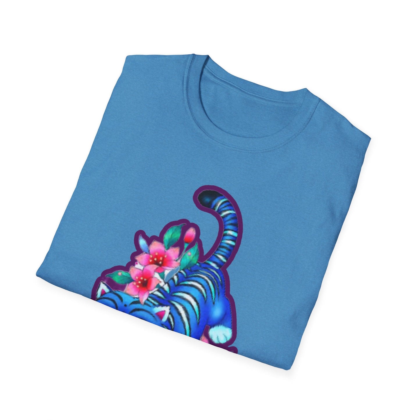 Charming Blue Floral Cat idol tigerT-Shirt, Cute Cat Tee, Animal Lover Gift, Summer Fashion, Gift for Cat Lovers, Fun Graphic Tee