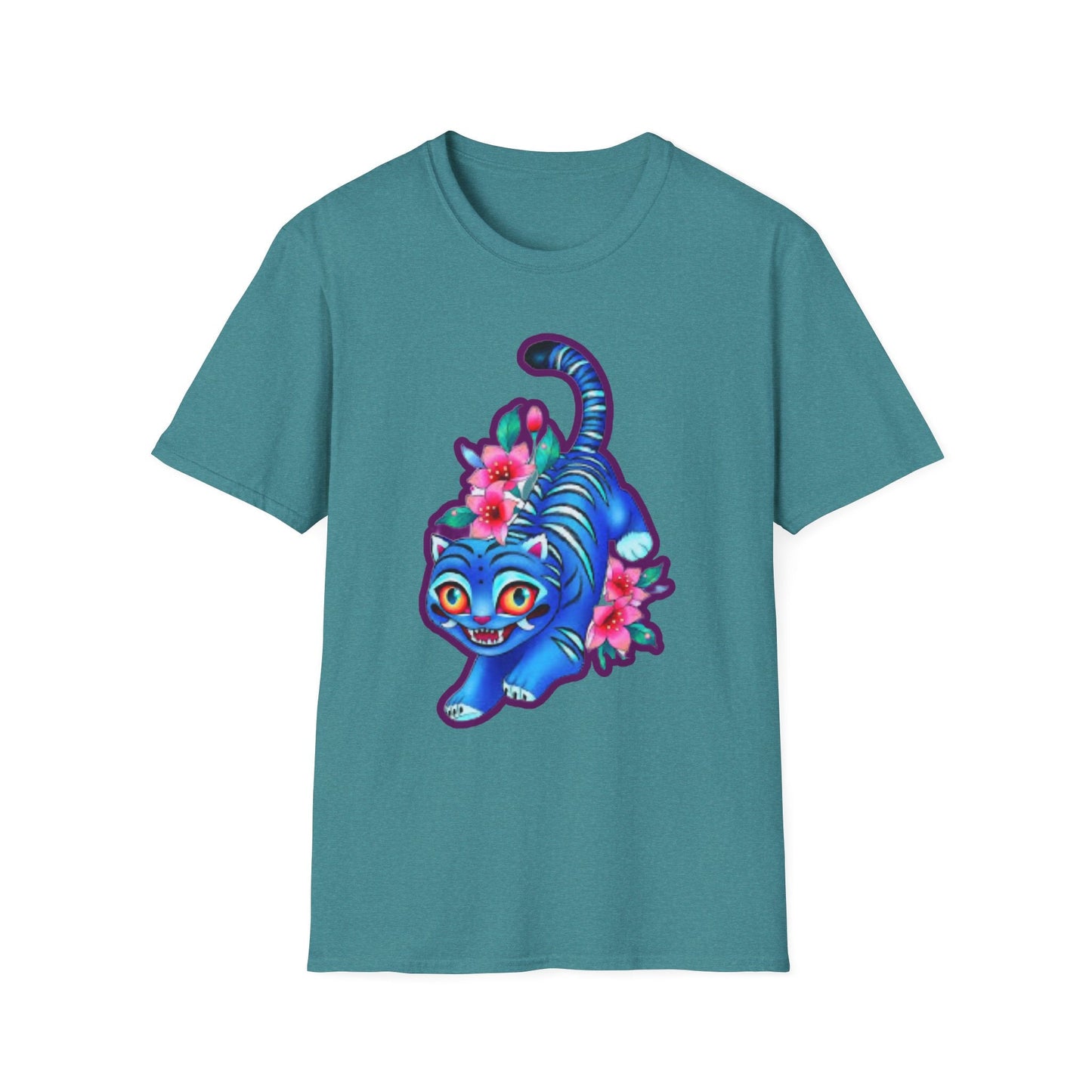 Charming Blue Floral Cat idol tigerT-Shirt, Cute Cat Tee, Animal Lover Gift, Summer Fashion, Gift for Cat Lovers, Fun Graphic Tee