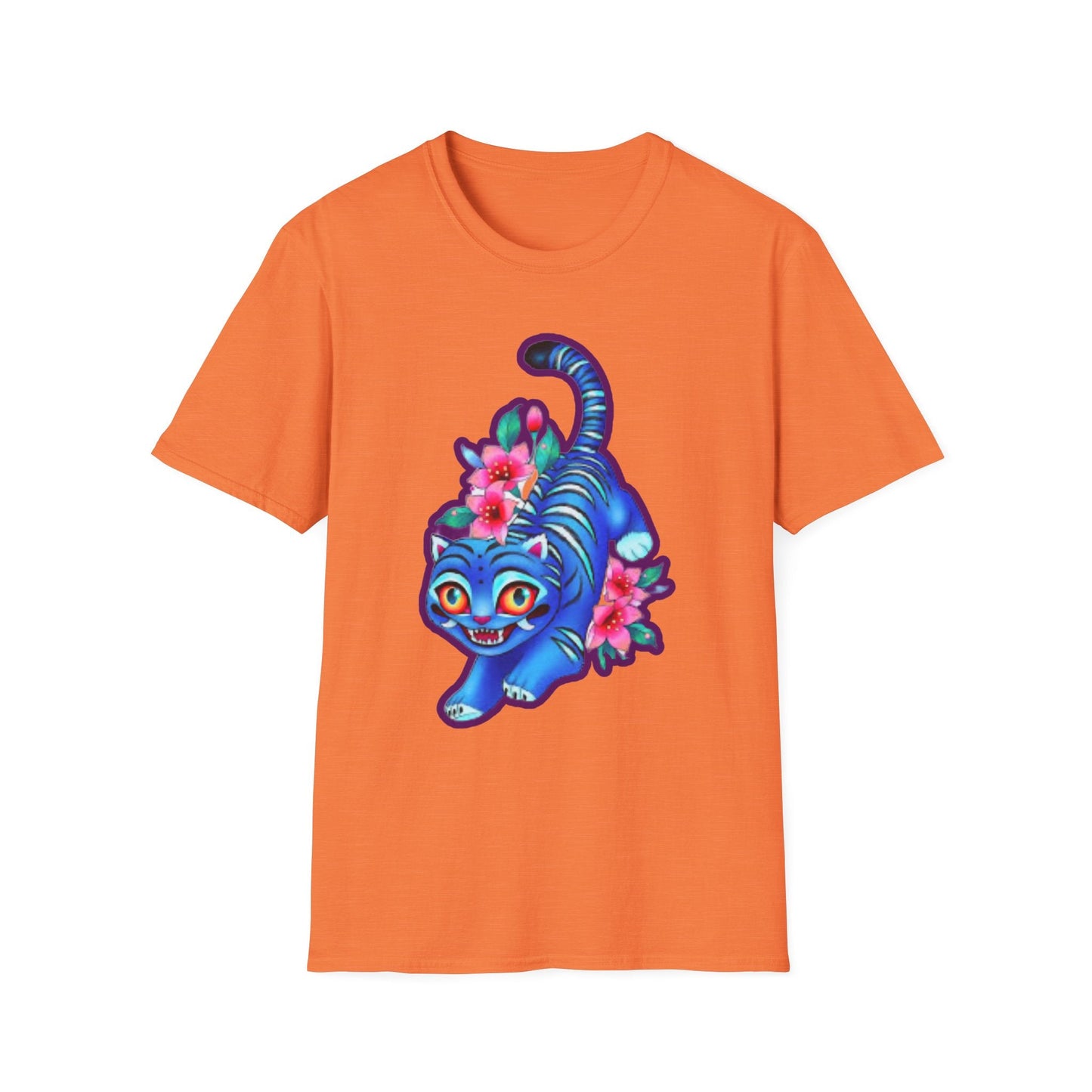 Charming Blue Floral Cat idol tigerT-Shirt, Cute Cat Tee, Animal Lover Gift, Summer Fashion, Gift for Cat Lovers, Fun Graphic Tee