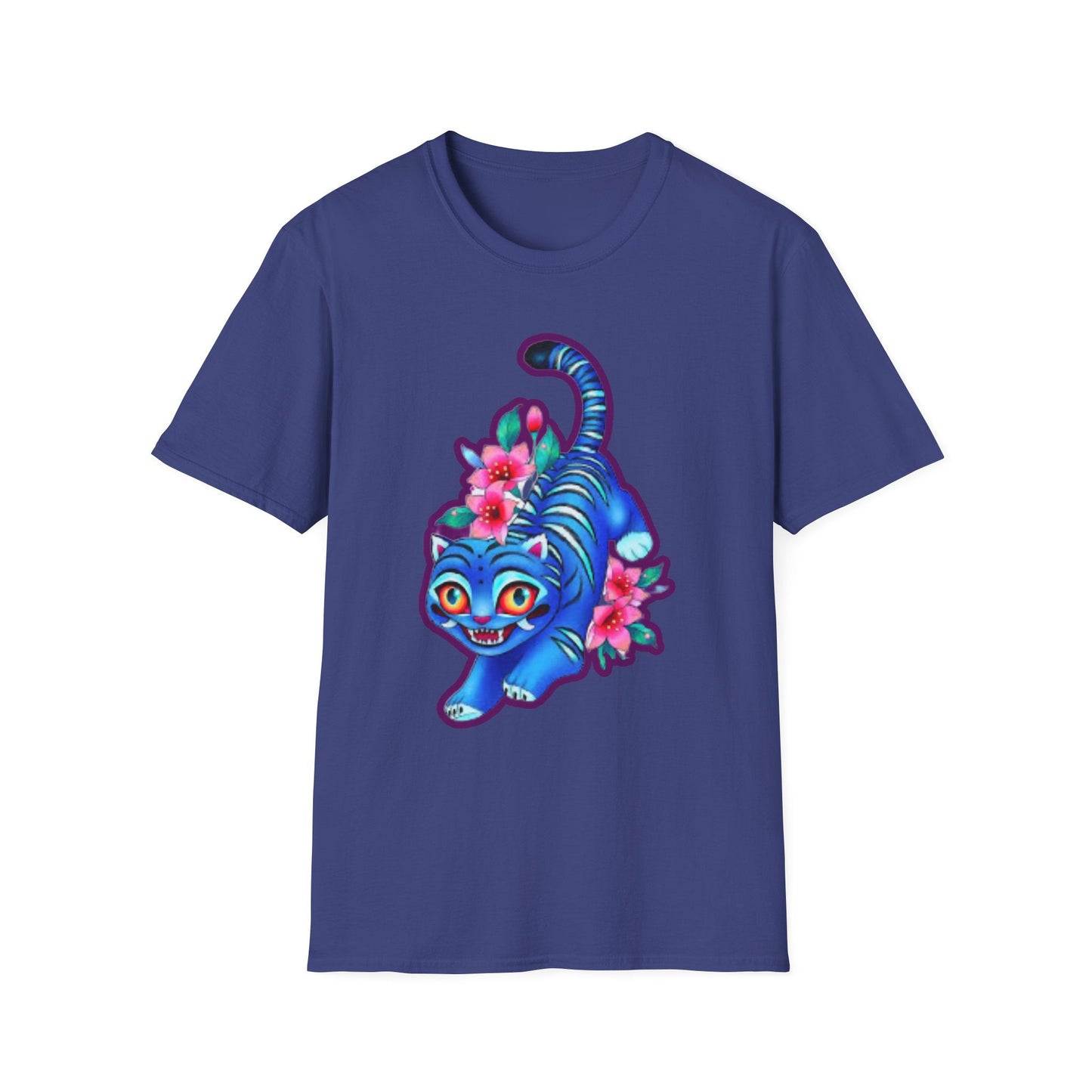 Charming Blue Floral Cat idol tigerT-Shirt, Cute Cat Tee, Animal Lover Gift, Summer Fashion, Gift for Cat Lovers, Fun Graphic Tee