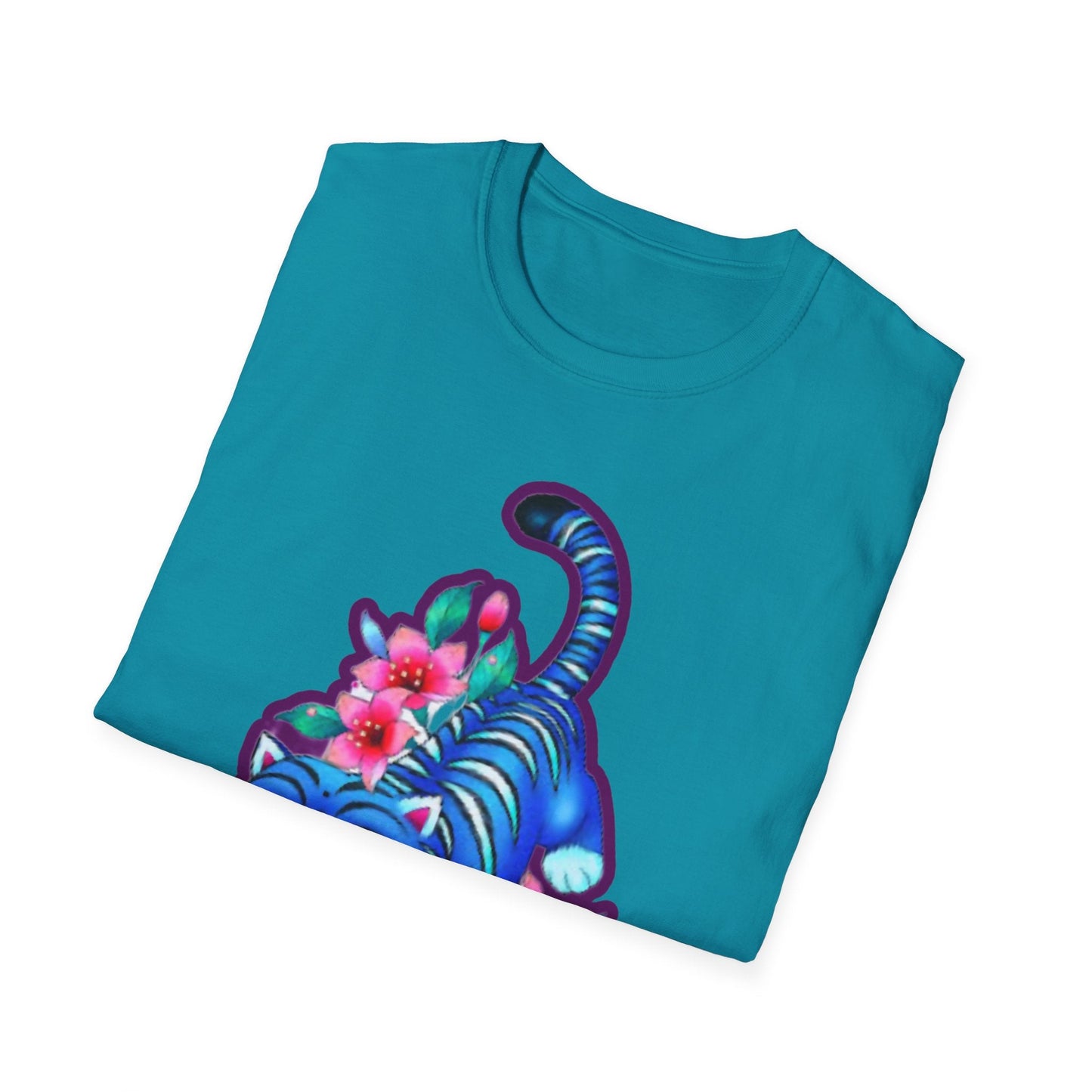 Charming Blue Floral Cat idol tigerT-Shirt, Cute Cat Tee, Animal Lover Gift, Summer Fashion, Gift for Cat Lovers, Fun Graphic Tee