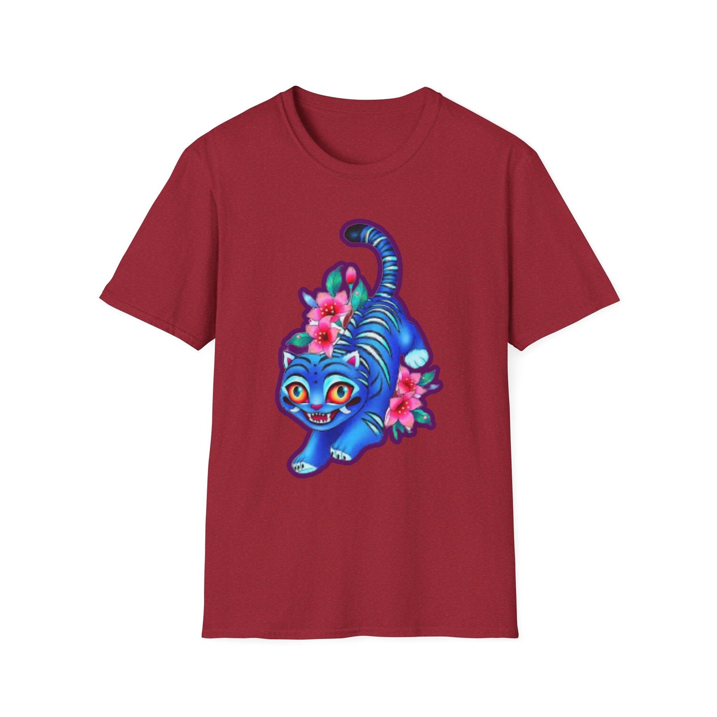 Charming Blue Floral Cat idol tigerT-Shirt, Cute Cat Tee, Animal Lover Gift, Summer Fashion, Gift for Cat Lovers, Fun Graphic Tee