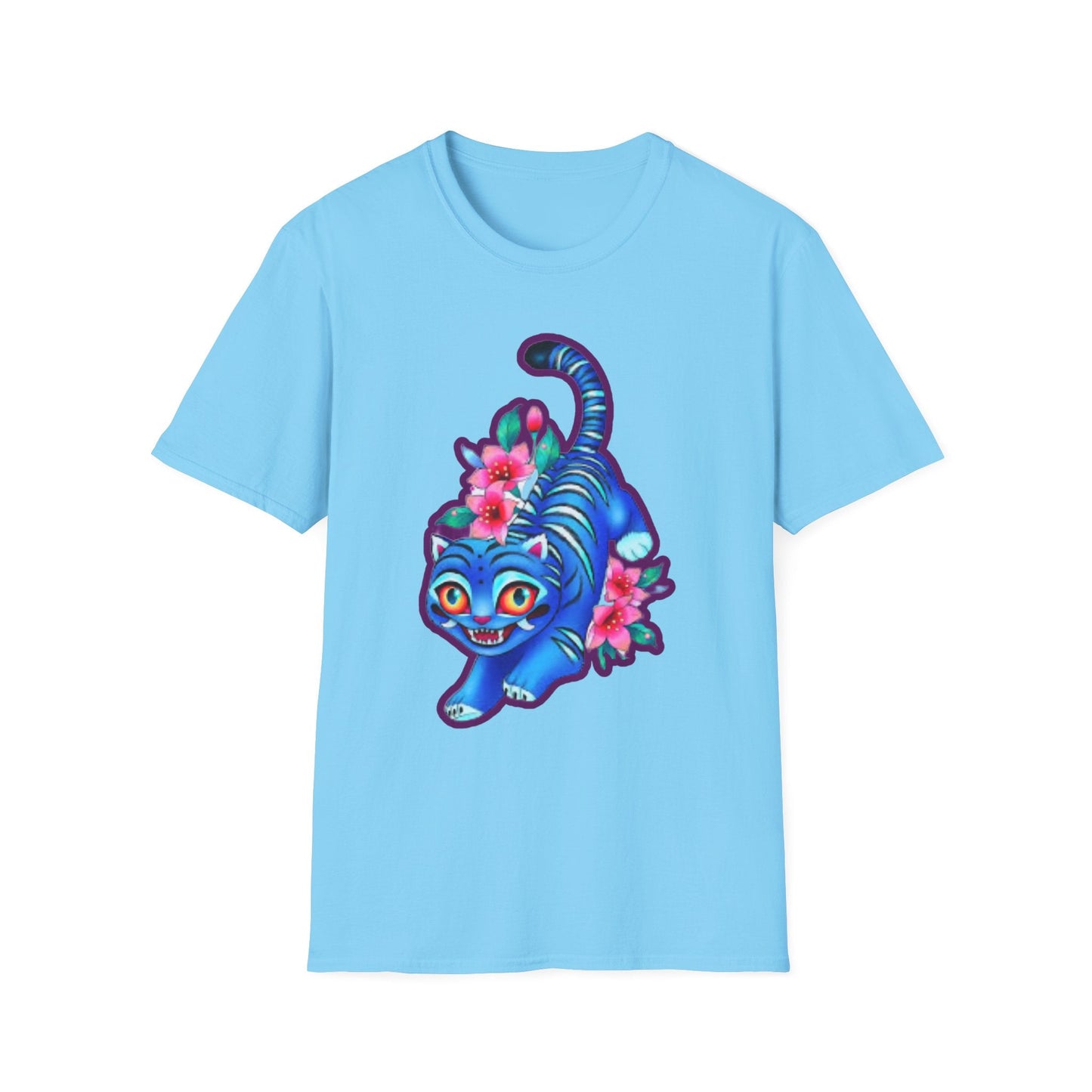 Charming Blue Floral Cat idol tigerT-Shirt, Cute Cat Tee, Animal Lover Gift, Summer Fashion, Gift for Cat Lovers, Fun Graphic Tee