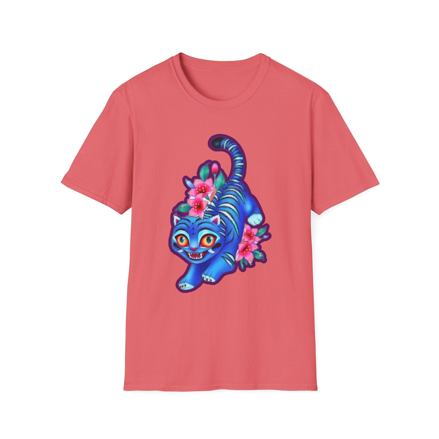 Charming Blue Floral Cat idol tigerT-Shirt, Cute Cat Tee, Animal Lover Gift, Summer Fashion, Gift for Cat Lovers, Fun Graphic Tee