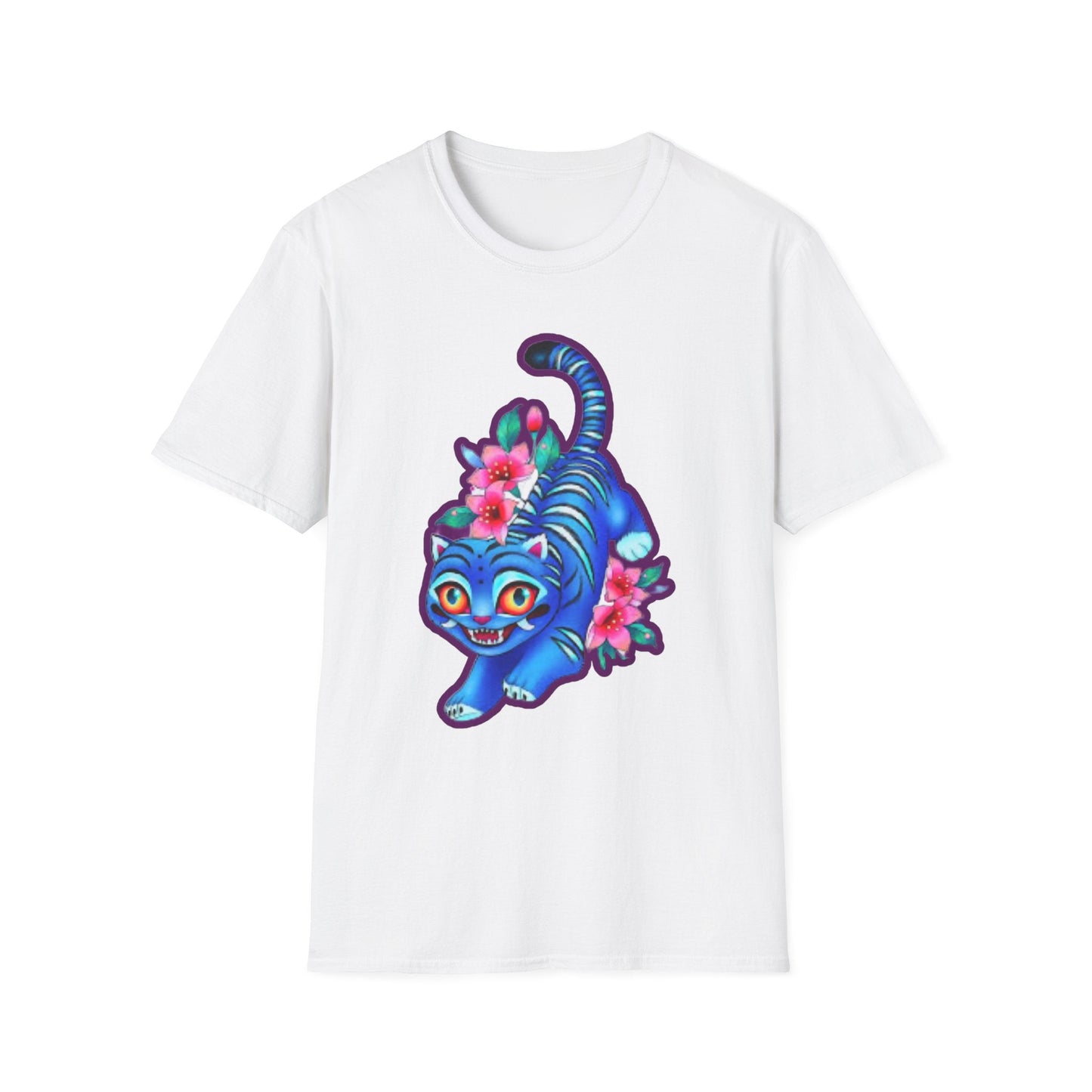 Charming Blue Floral Cat idol tigerT-Shirt, Cute Cat Tee, Animal Lover Gift, Summer Fashion, Gift for Cat Lovers, Fun Graphic Tee