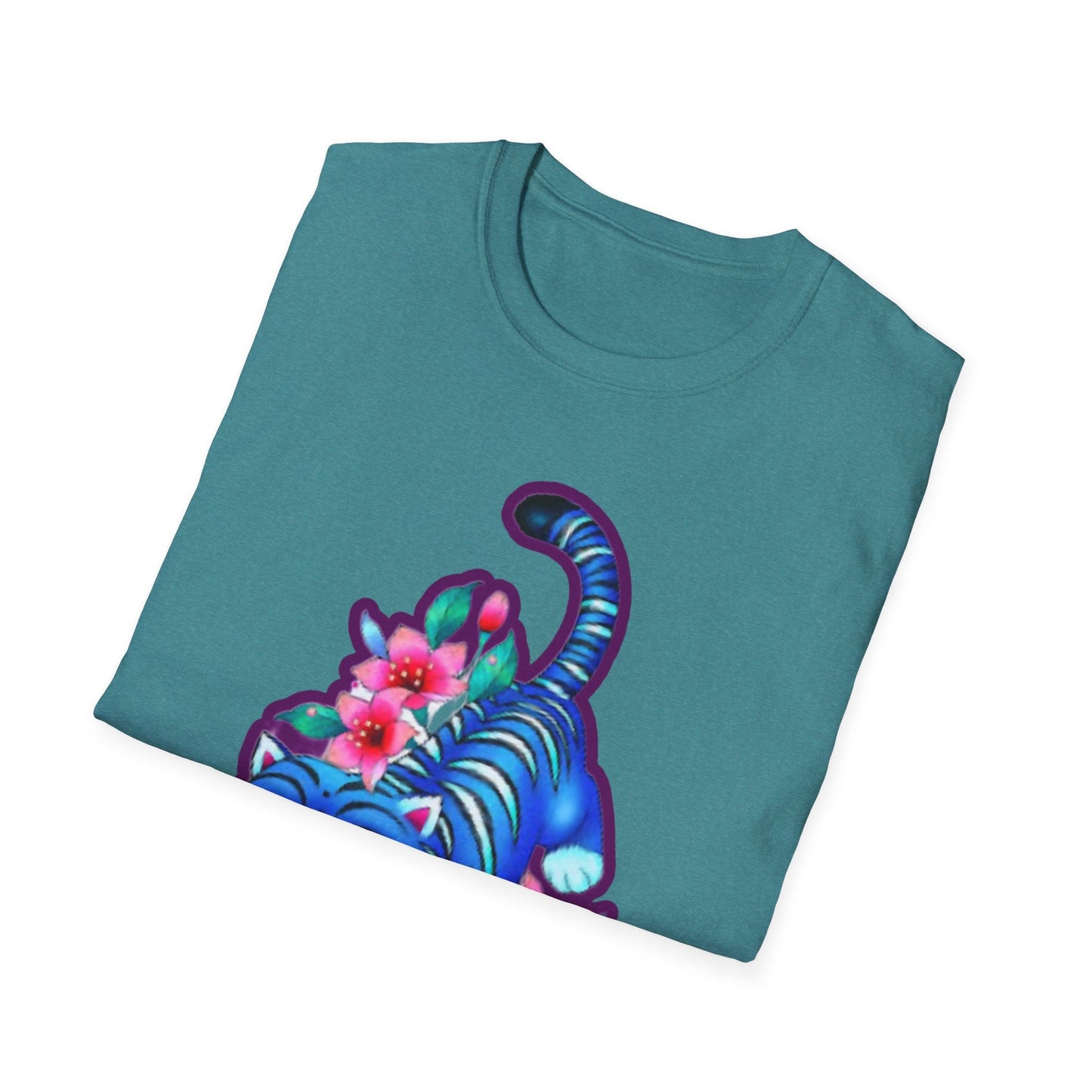 Charming Blue Floral Cat idol tigerT-Shirt, Cute Cat Tee, Animal Lover Gift, Summer Fashion, Gift for Cat Lovers, Fun Graphic Tee