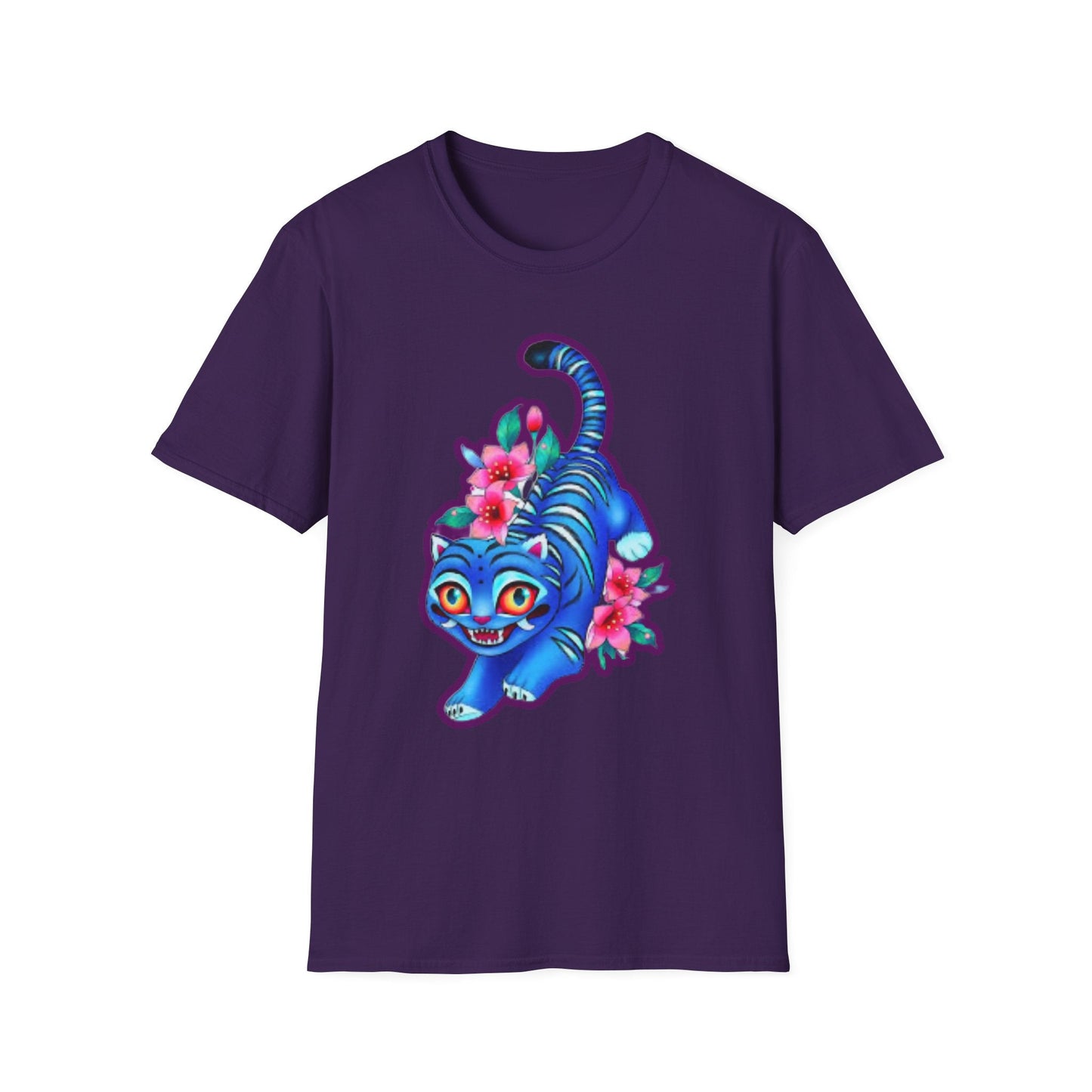Charming Blue Floral Cat  idol tigerT-Shirt, Cute Cat Tee, Animal Lover Gift, Summer Fashion, Gift for Cat Lovers, Fun Graphic Tee