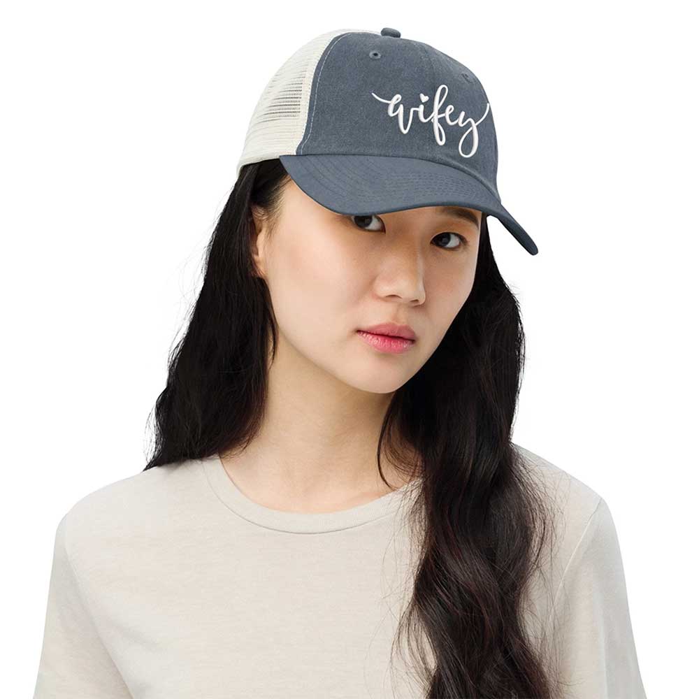 Embroidered Wifey/Hubby Pigment-Dyed Trucker Hat – Anniversary Gift Cap