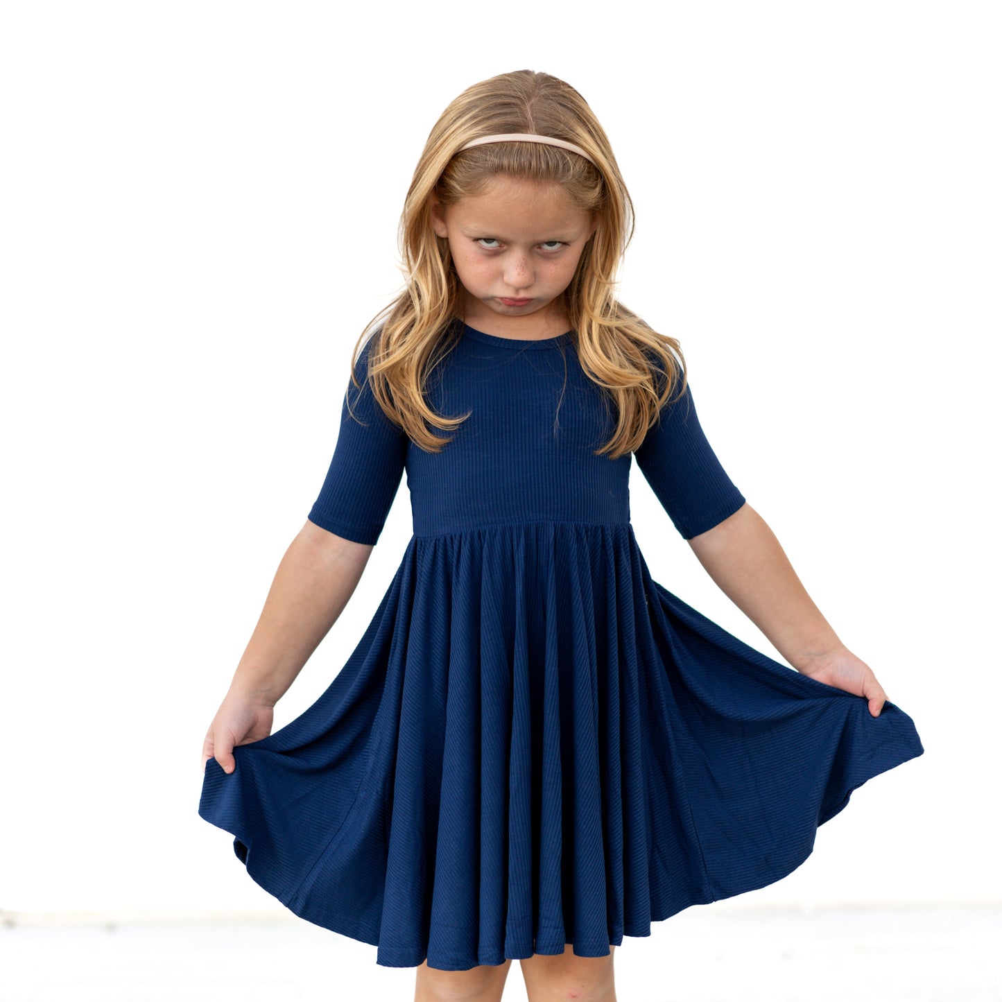 MID SLEEVE TWIRL DRESS- Navy Ribbed