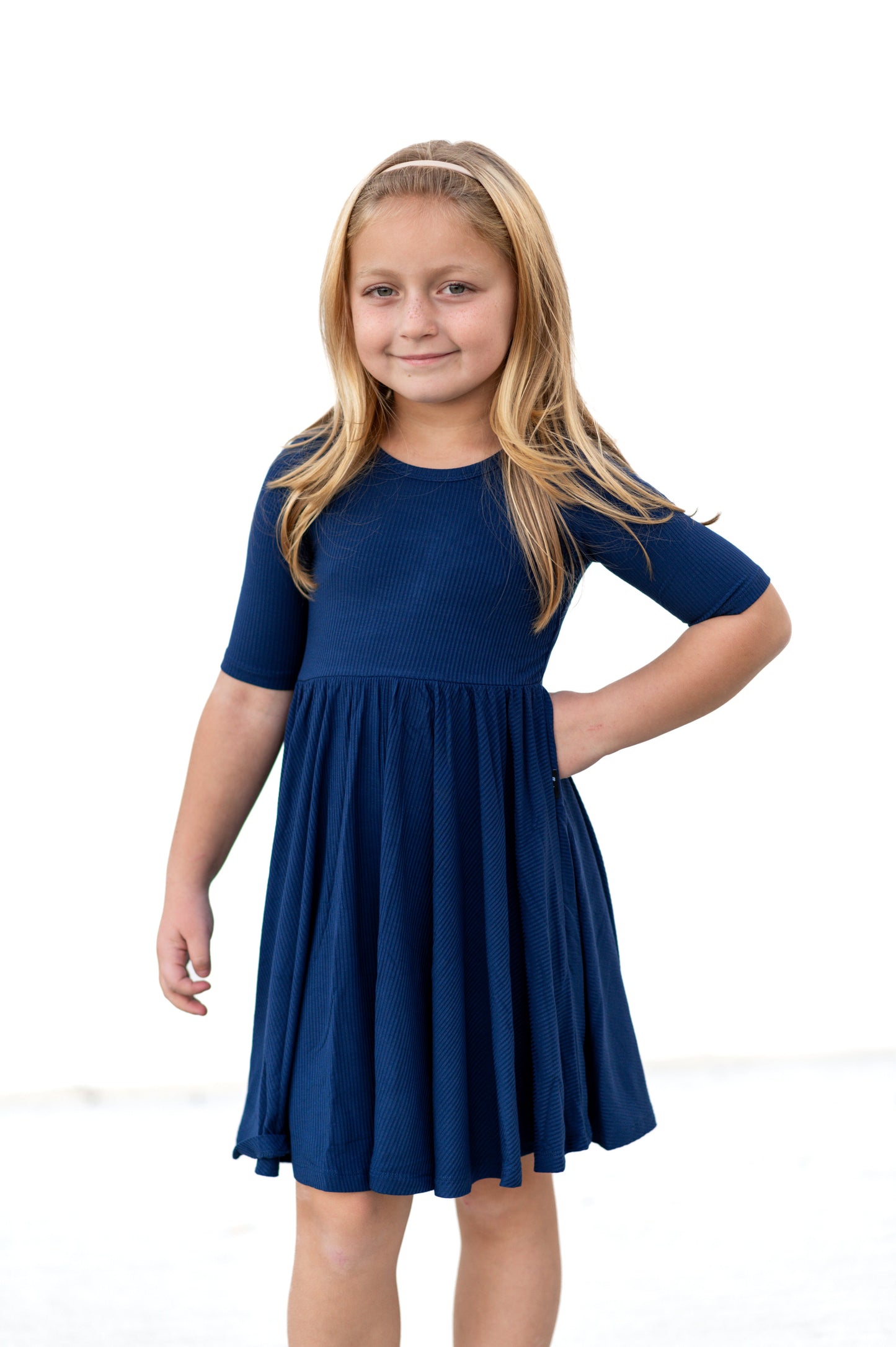 MID SLEEVE TWIRL DRESS- Navy Ribbed