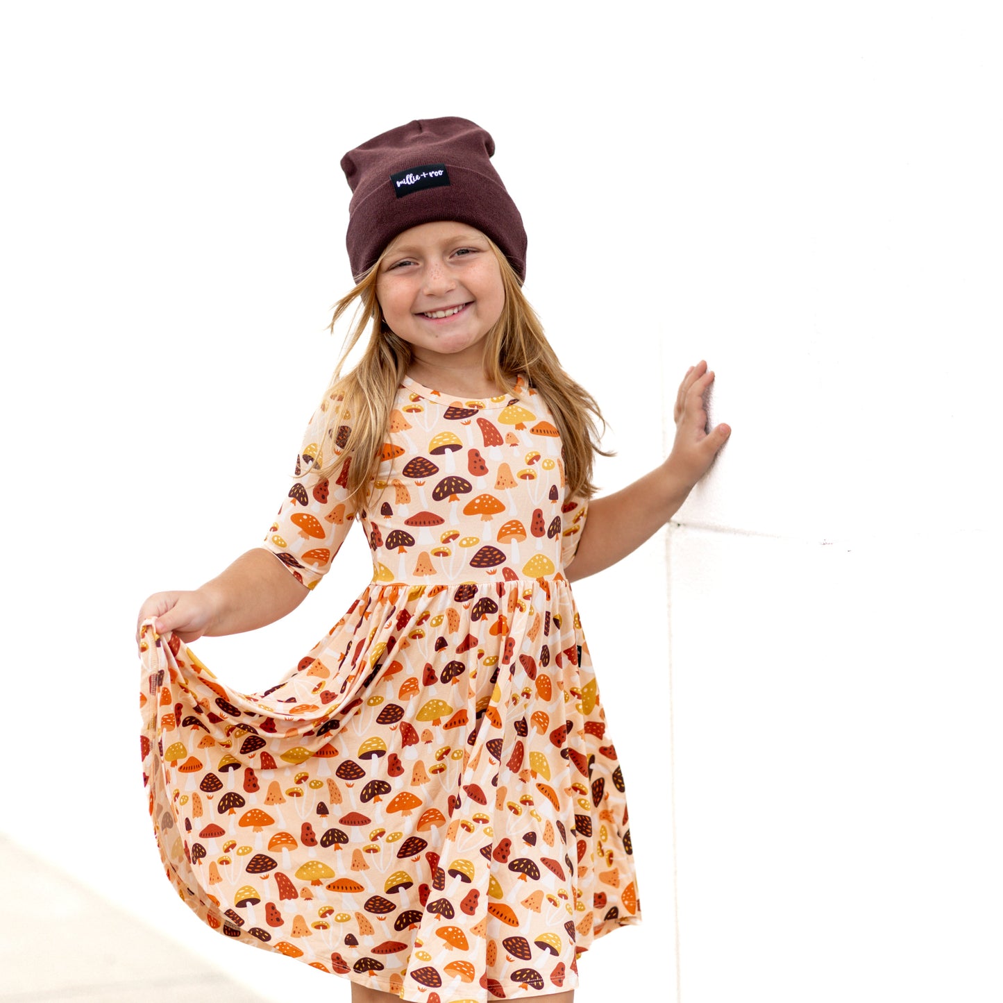 MID SLEEVE TWIRL DRESS- Mushrooms