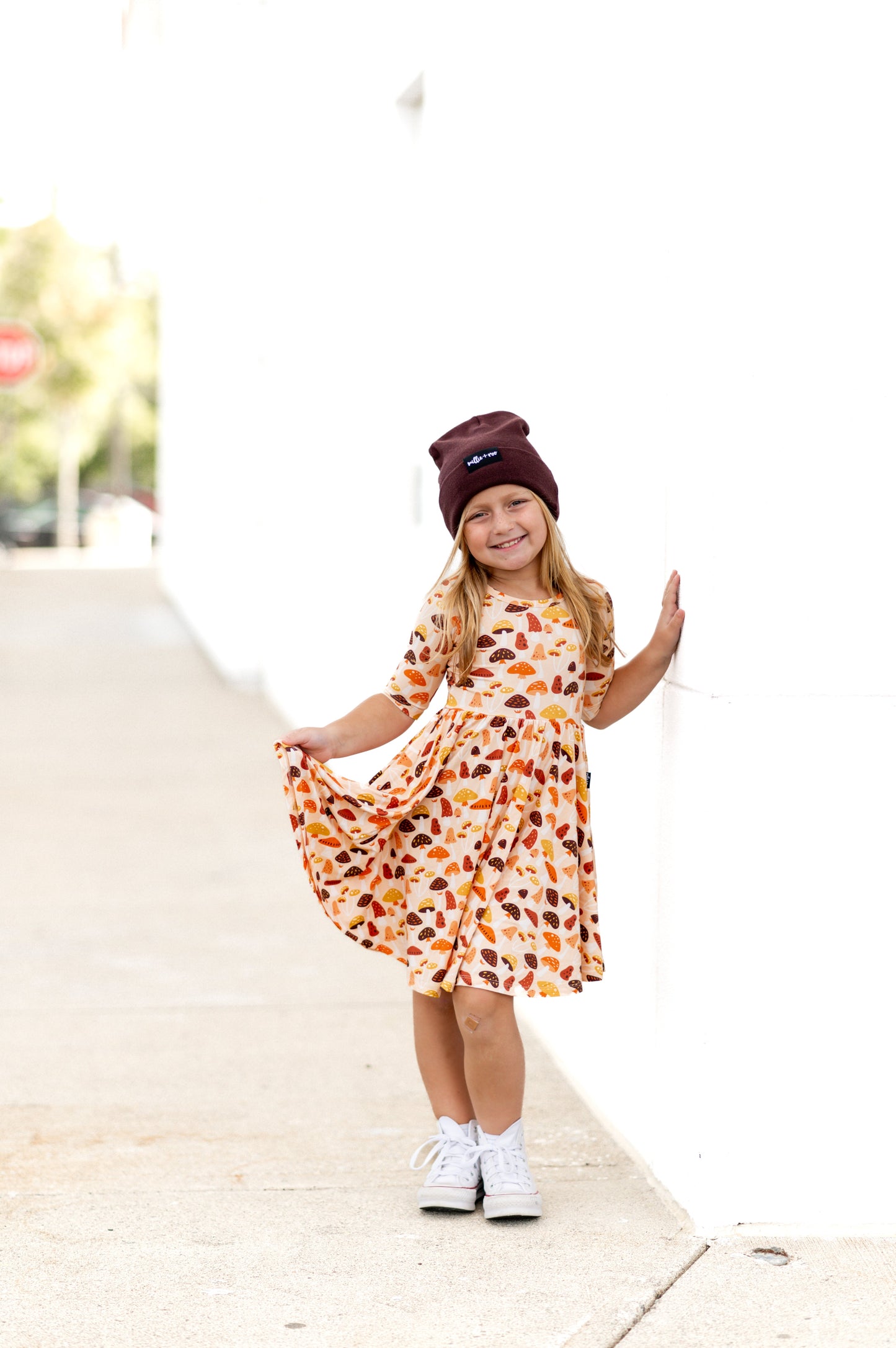 MID SLEEVE TWIRL DRESS- Mushrooms