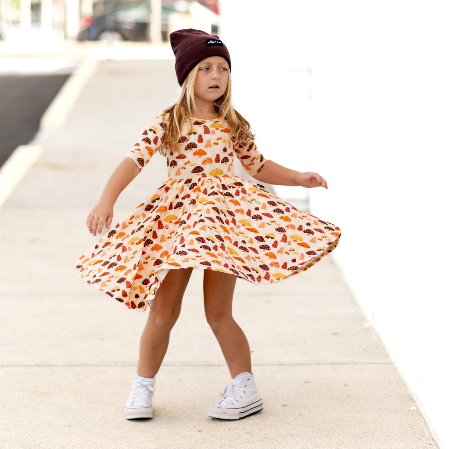 MID SLEEVE TWIRL DRESS- Mushrooms