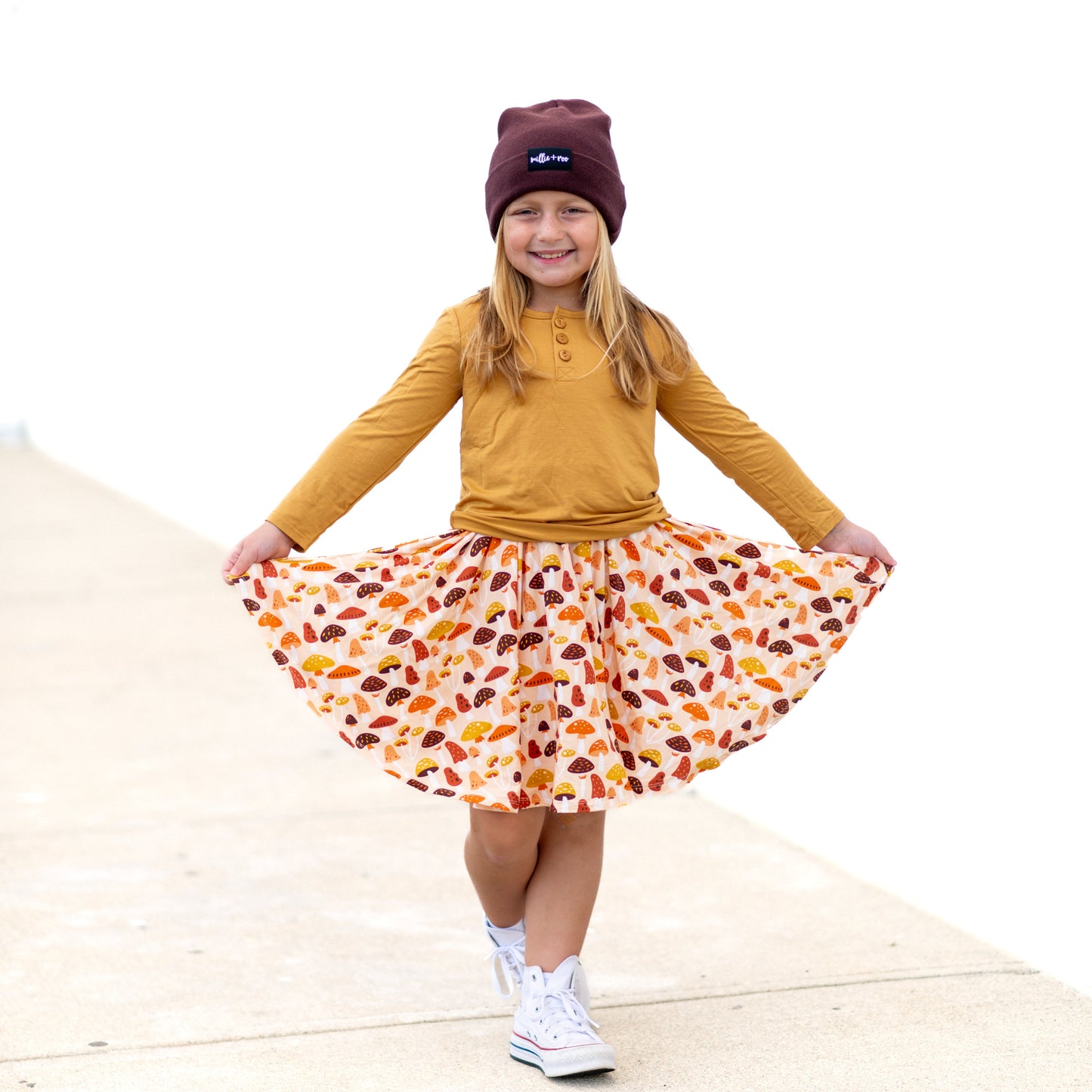 MID SLEEVE TWIRL DRESS- Mushrooms