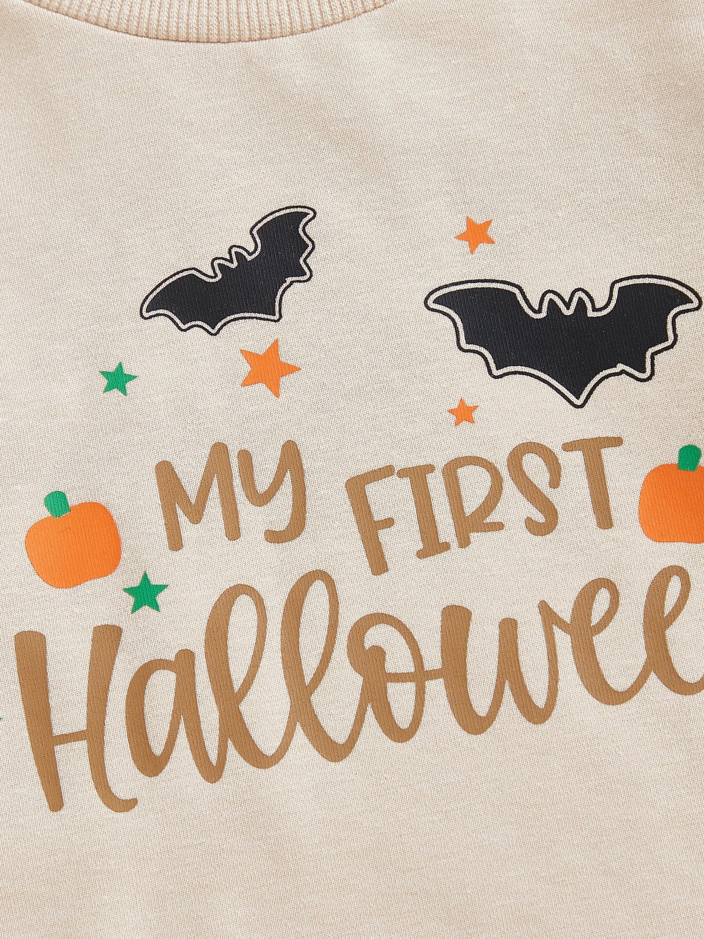 Baby Toddler Boys 2Pcs My First Halloween Outfit Letter Print Long Sleeve Top with Bat Embroidered Jogger Pants Set