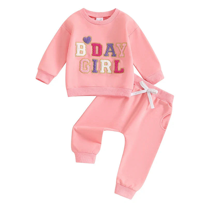 Baby Toddler Kids Girls 2Pcs Birthday Girl Outfit Long Sleeve Letter Embroidery Pullover + Pants Set