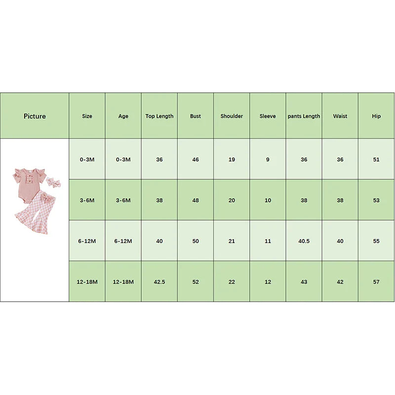 Baby Girls 3Pcs Summer Spring Clothes Solid Ribbed Short Sleeve Romper with Checkered Print Flare Long Pants and Headband Set