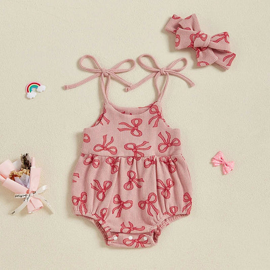 Baby Girls 2Pcs Summer Romper Sleeveless Tank Tie Strap Bow Print Jumpsuit with Headband Set
