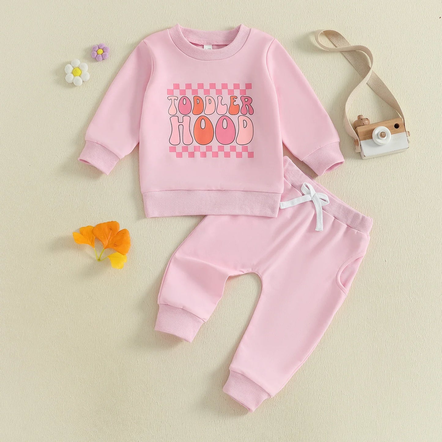 Baby Toddler Girls 2Pcs Toddler Hood Outfit Letters Print Long Sleeve Crew Neck Top with Elastic Waist Pants Fall Clothes Jogger Set