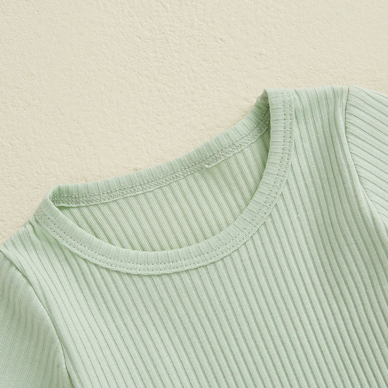 Baby Toddler Girls 2Pcs Ribbed Outfit Solid Color Short Sleeve T-Shirt Top Elastic Waist Ruffle Shorts Set