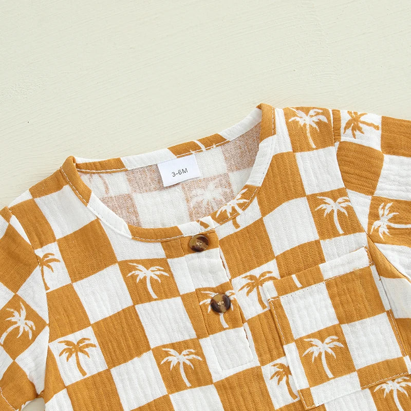 Baby Boy Romper Summer Short Sleeve Round Neck Checkered Tree Print Jumpsuit Playsuit