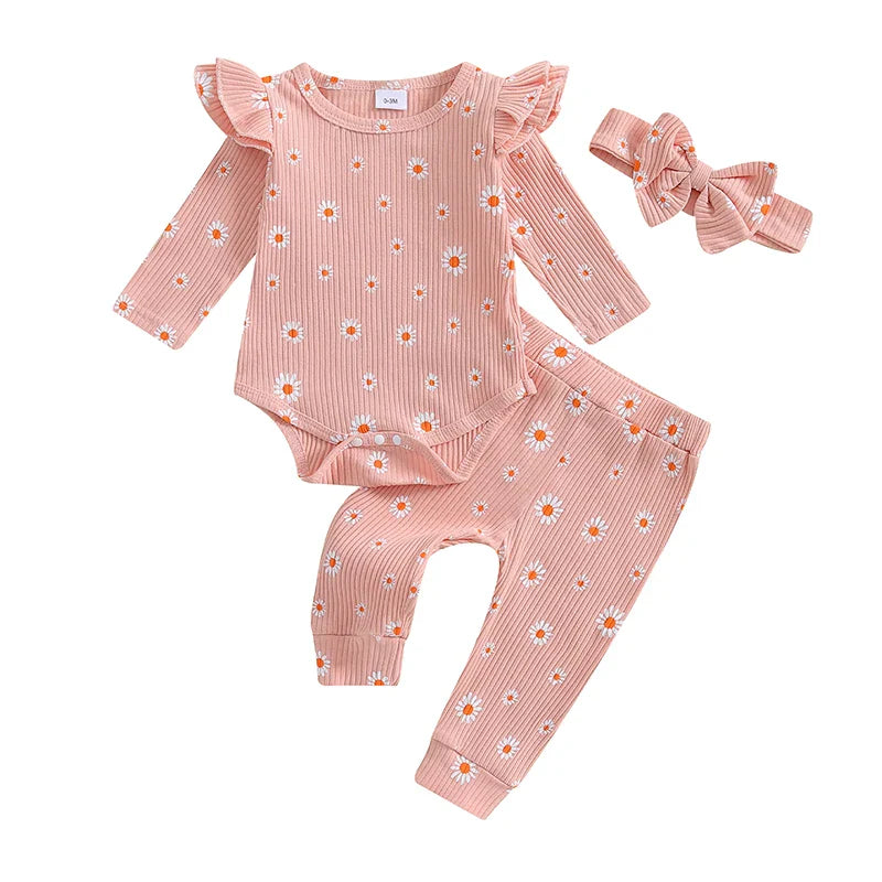 Baby Girls 3Pcs Ribbed Outfit Daisy Flower Print Long Sleeve Romper Elastic Waist Pants Headband Fall Set