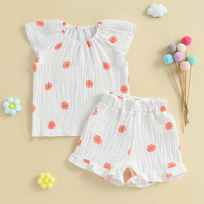 Baby Toddler Girls 2Pcs Floral Outfit Cap Sleeve T-shirt Top Elastic Waist Ruffle Shorts Summer Set