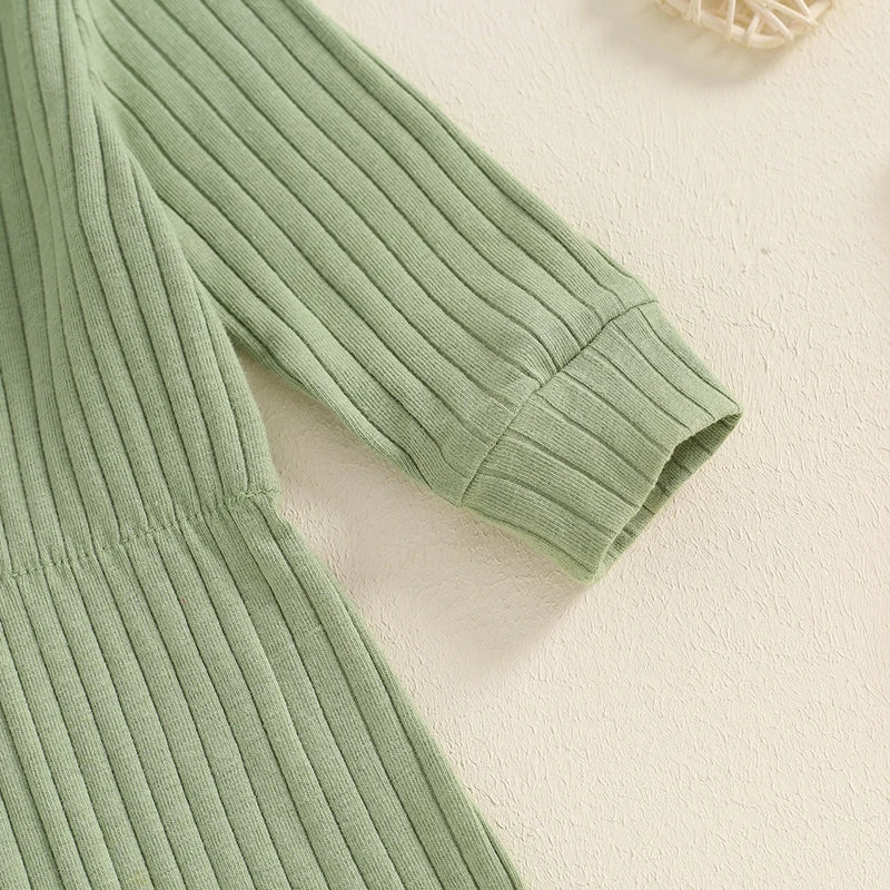 Baby Girls 2Pcs Fall Outfit Long Sleeve Round Neck Ribbed Full Leg Jumpsuit with Headband Set