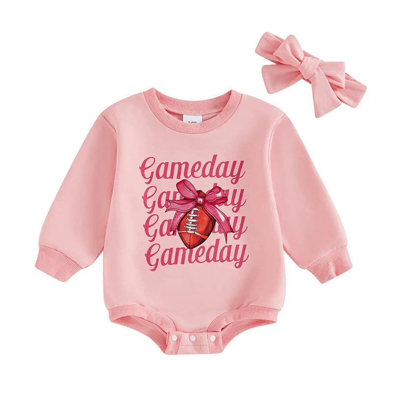 Baby Girls 2Pcs Gameday Football Letter Bow Print Long Sleeve Bubble Romper Headband Outfit Set