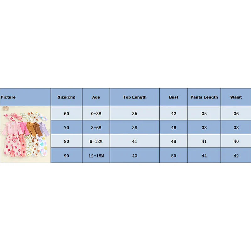Baby Girls 3Pcs Fall Outfit Long Sleeve Ribbed Romper + Floral Flower Print Pants + Headband Set