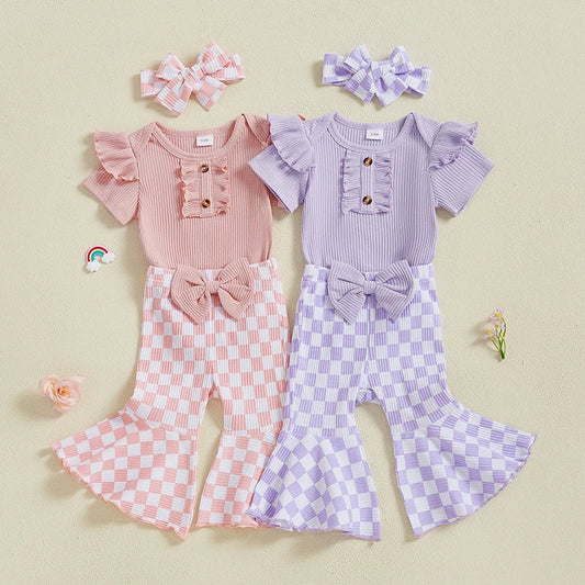 Baby Girls 3Pcs Summer Spring Clothes Solid Ribbed Short Sleeve Romper with Checkered Print Flare Long Pants and Headband Set