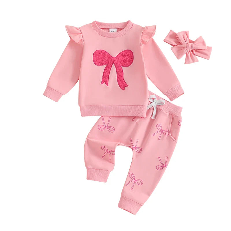 Baby Toddler Girls 3Pcs Fall Outfit Long Sleeve Bow Embroidery Crewneck Top + Jogger Pants + Headband Set