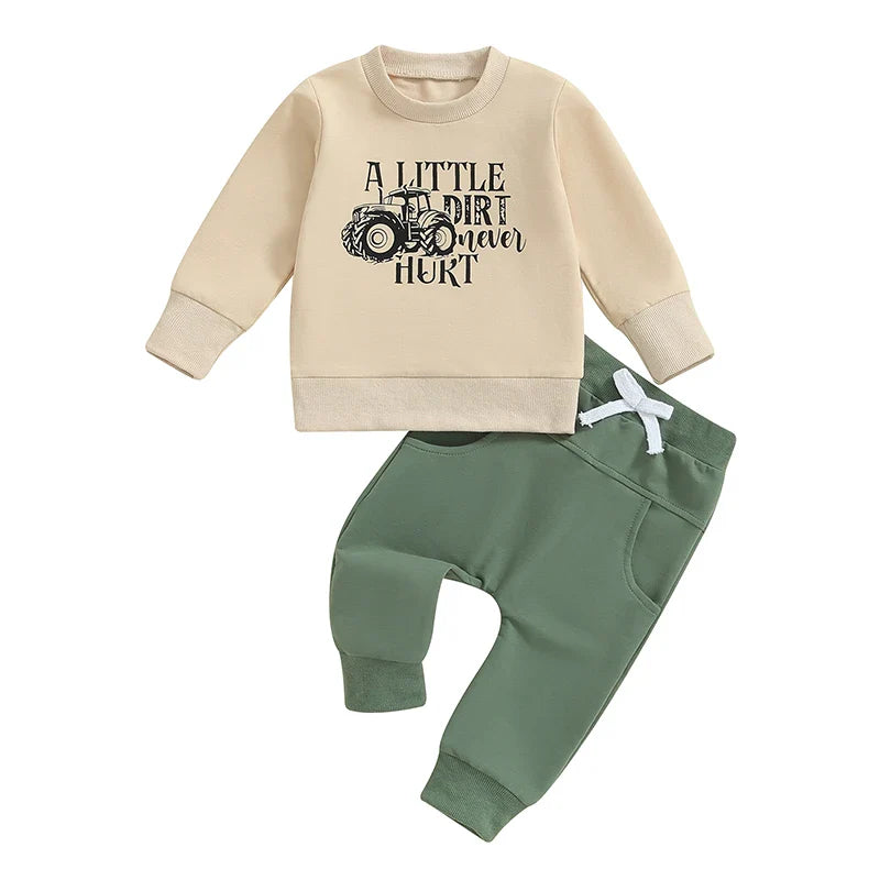 Baby Toddler Boys 2Pcs A Little Dirt Never Hurt/ Just One More Tractor I Promise Fall Outfit Letter Tractor Print Long Sleeve Top and Long Pants Set