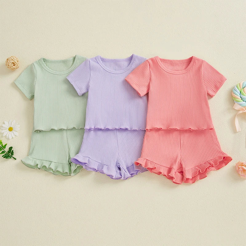 Baby Toddler Girls 2Pcs Ribbed Outfit Solid Color Short Sleeve T-Shirt Top Elastic Waist Ruffle Shorts Set