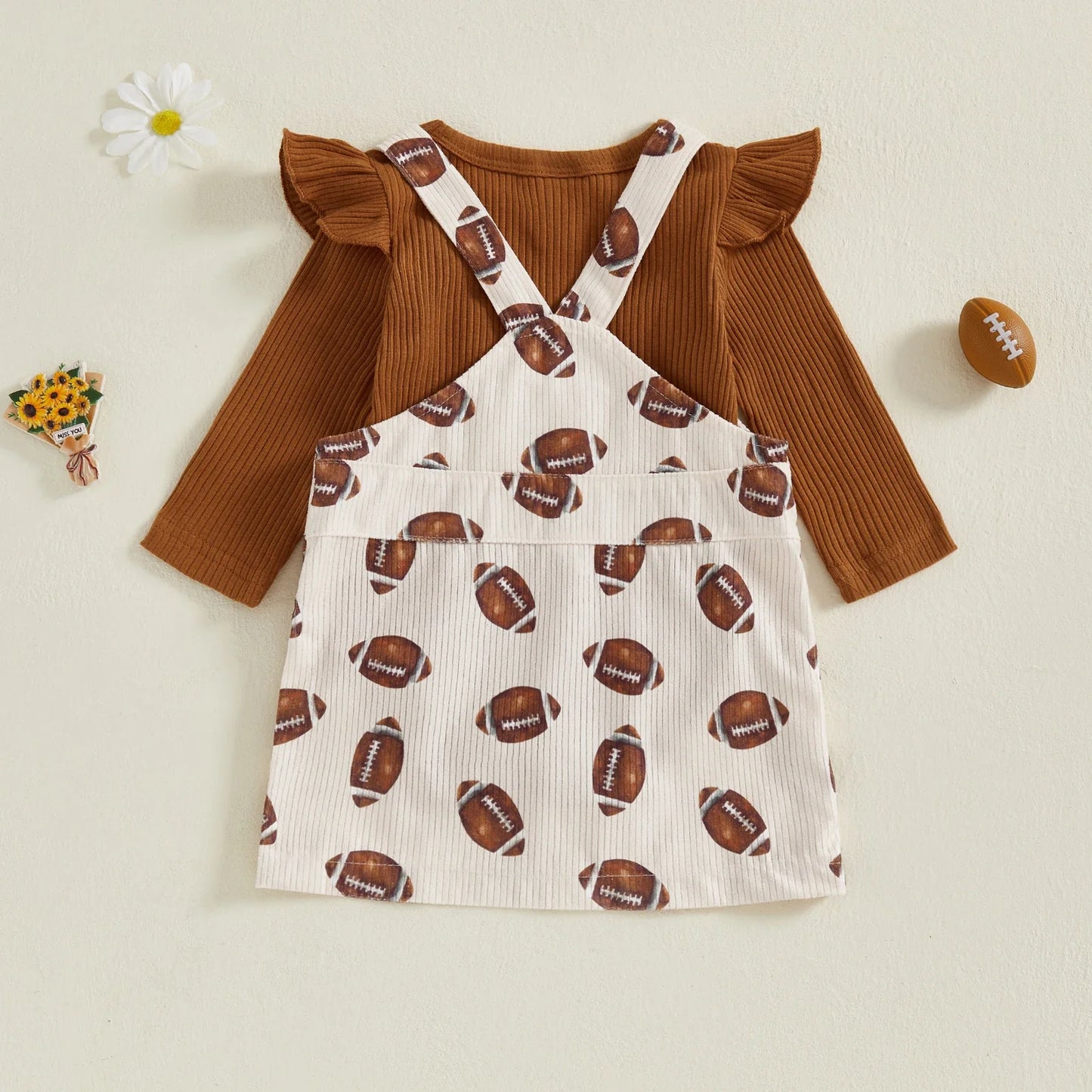 Baby Toddler Girls 2Pcs Fall Outfit Long Sleeve Romper + Football Print Overall Dress Set Clothes