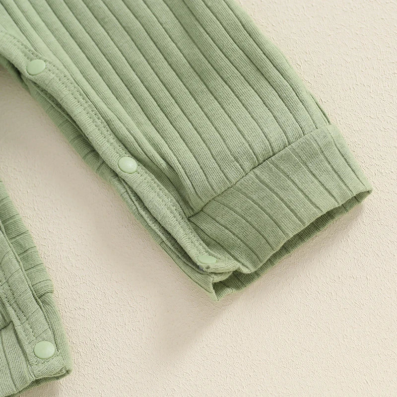 Baby Girls 2Pcs Fall Outfit Long Sleeve Round Neck Ribbed Full Leg Jumpsuit with Headband Set