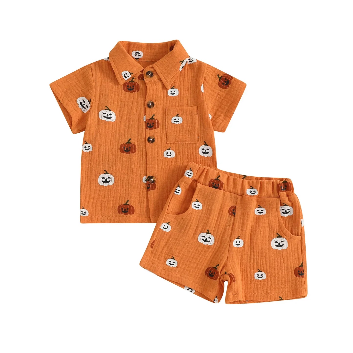 Baby Boys Halloween Outfits Pumpkin Print Button Short Sleeves T-Shirt and Elastic Shorts Set Clothes Set