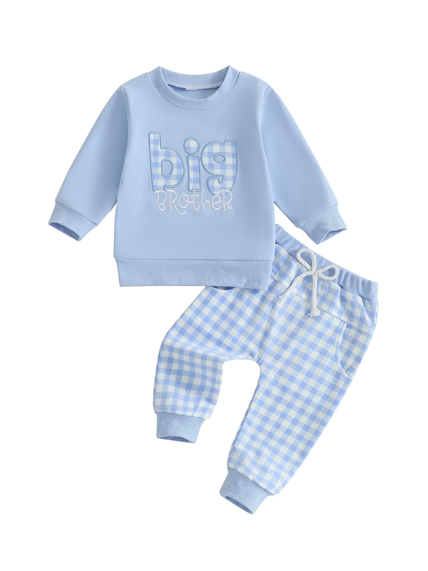Baby Toddler Boys 2Pcs Fall Outfit Letter Embroidery Big Brother Long Sleeve Top and Elastic Plaid Pants Clothes