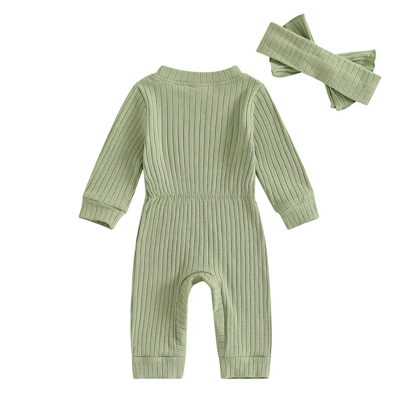 Baby Girls 2Pcs Fall Outfit Long Sleeve Round Neck Ribbed Full Leg Jumpsuit with Headband Set