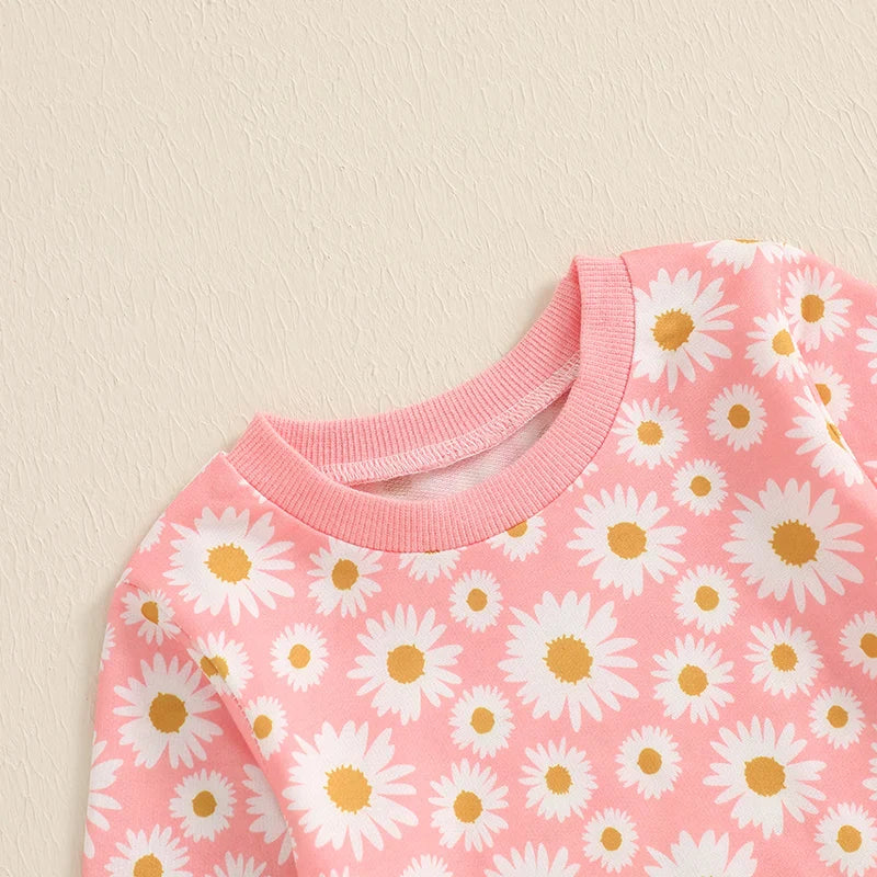 Baby Toddler Girls 2Pcs Fall Outfit Daisy Flower Print Long Sleeve Crewneck Top and Elastic Pants Jogger Set