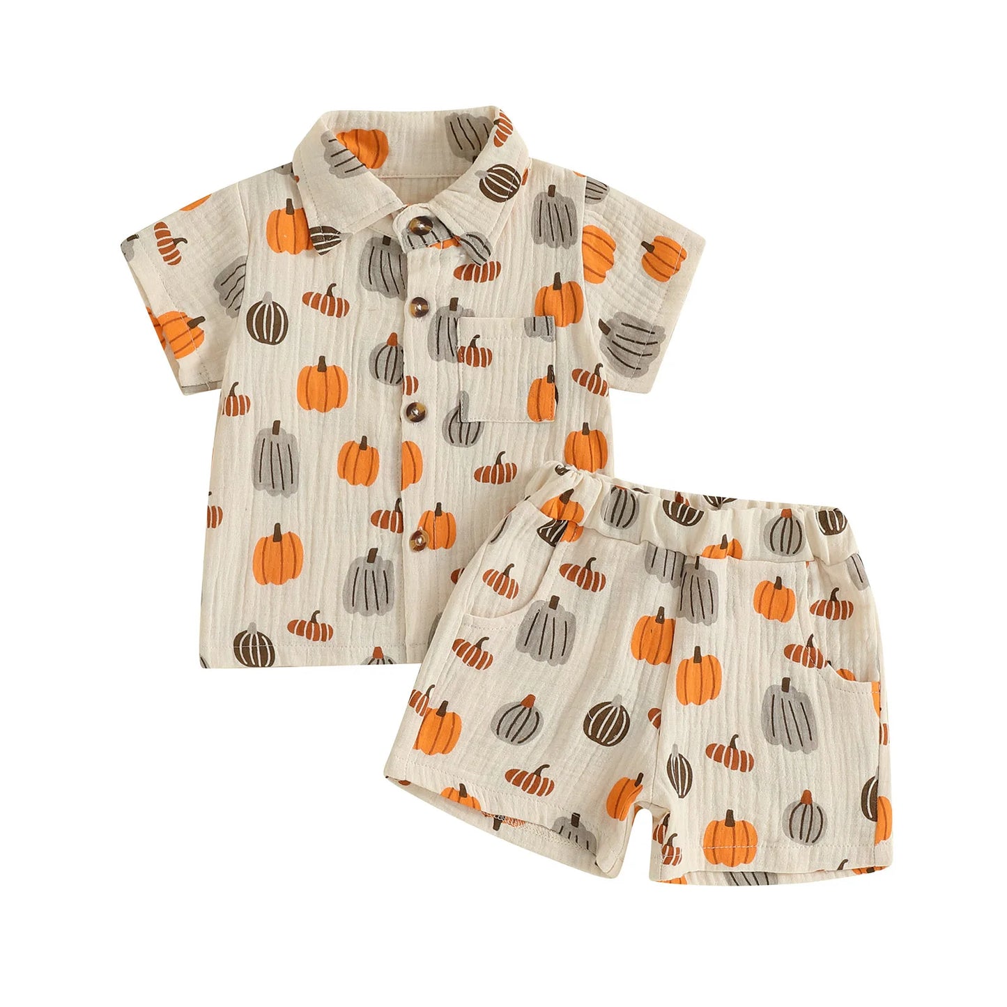 Baby Boys Halloween Outfits Pumpkin Print Button Short Sleeves T-Shirt and Elastic Shorts Set Clothes Set