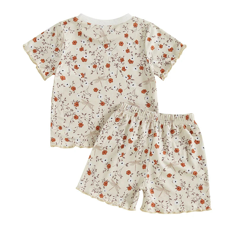 Baby Toddler Girls 2Pcs Set Floral Print Lettuce Trim Short Sleeve T-shirt Top Elastic Waist Shorts Summer Clothes Outfit