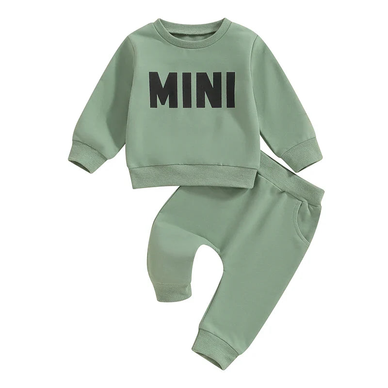 Baby Toddler Boys Girls MINI Set Letter Print Long Sleeve Round Neck Top Pockets Long Pants Outfit