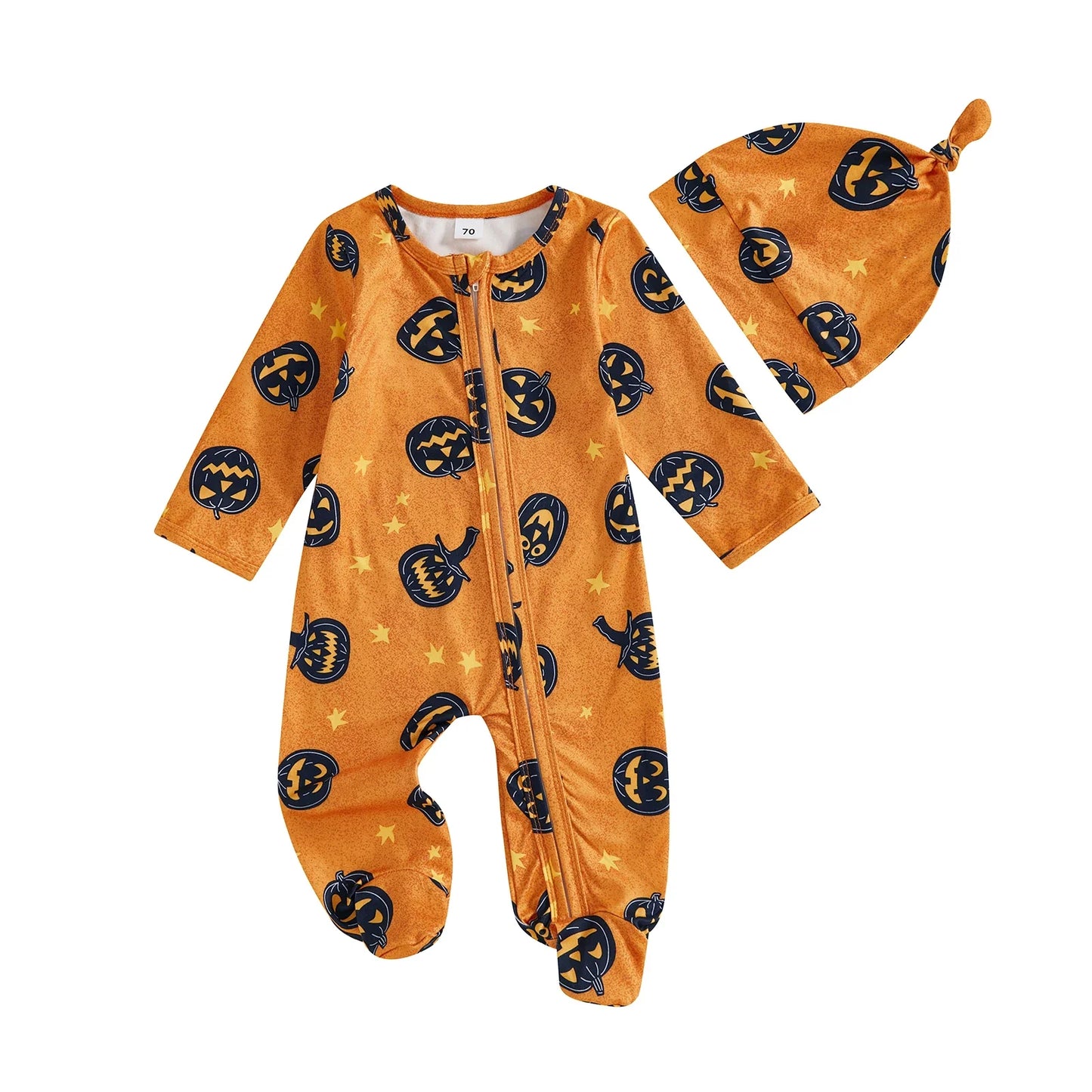 Baby Boy Girl 2Pcs Halloween Footed Zipper Romper Pumpkin Print Long Sleeve Round Neck Zip Jumpsuit with Hat Set