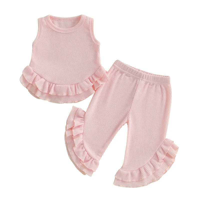 Baby Toddler Girl 2Pcs Summer Outfit Solid Waffle Round Neck Ruffled Tank Top with Long Pants Set