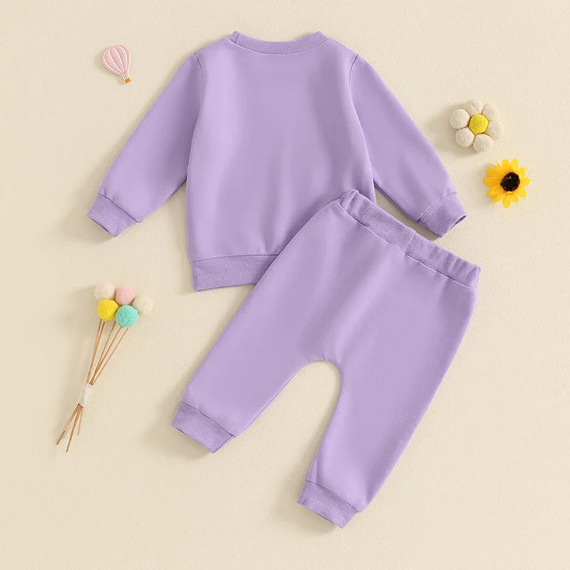 Baby Toddler Girls 2Pcs Outfit Embroidery Rainbow Long Sleeve Crew Neck Top with Elastic Waist Pants Set