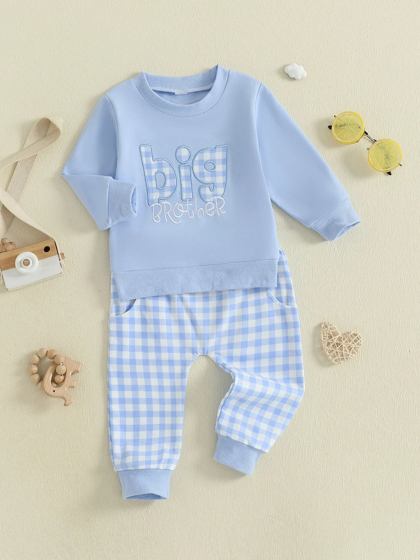 Baby Toddler Boys 2Pcs Fall Outfit Letter Embroidery Big Brother Long Sleeve Top and Elastic Plaid Pants Clothes